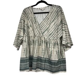 Weekend Susan Betro Green Cream Boho Peplum Blouse Womens XL Faux Wrap Top